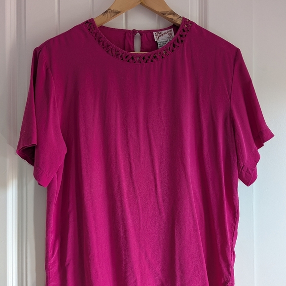 100% Silk Blouse Short Sleeve with Neck detail, Pink, Size M - Picture 5 of 12